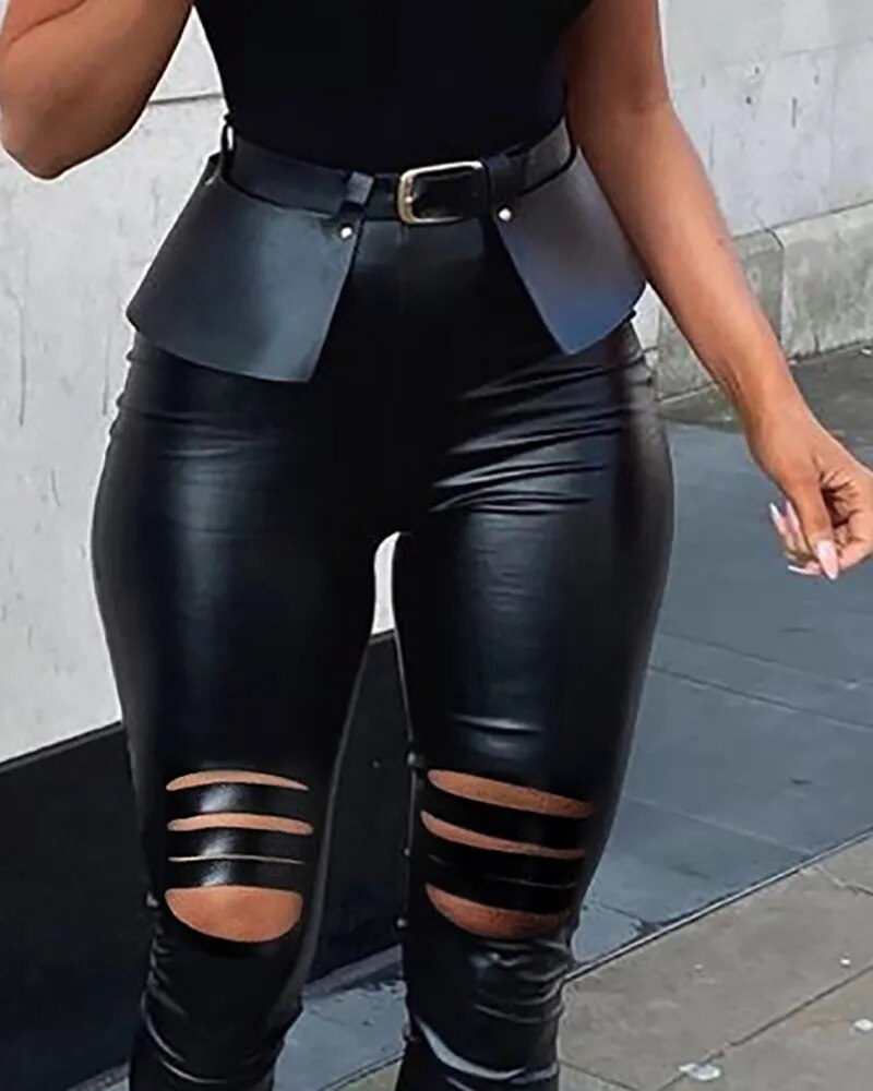 Cutout PU Leather Skinny Pants With Belt