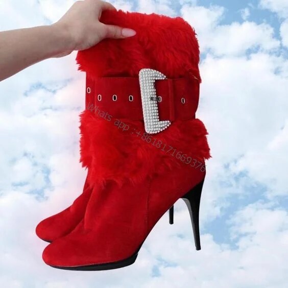 Stiletto High Heel Fur Buckle Booties