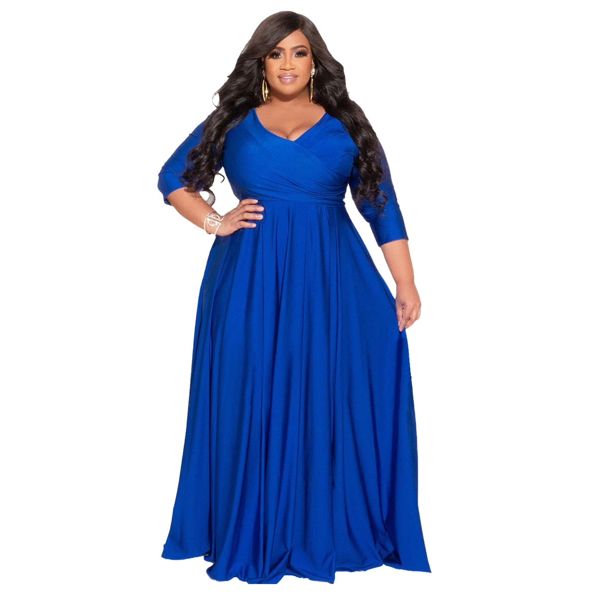 Plussize Maxi Dress Elegant V Neck Pleats Solid A Line