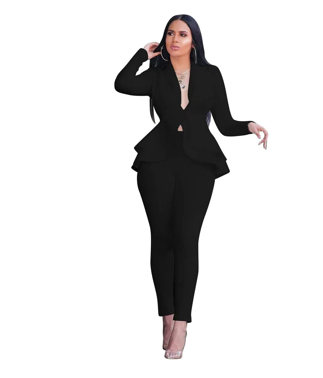 Formal Set Full Sleeve Ruffles Blazers Pencil Pants Suit