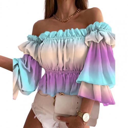 Off Shoulder Multi-layer Top Colorful Pleated Ladies Flare Sleeve Shirt for Dating Top Shirt