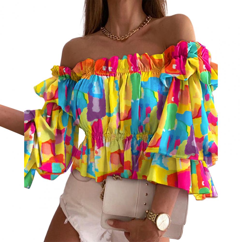 Off Shoulder Multi-layer Top Colorful Pleated Ladies Flare Sleeve Shirt for Dating Top Shirt
