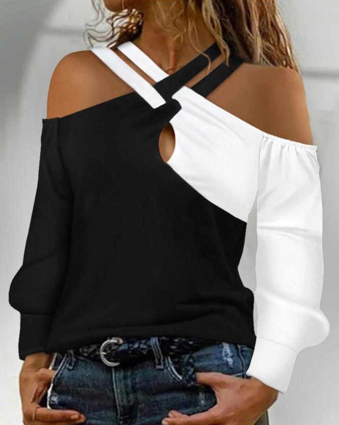 Colorblock Crisscross Cold Shoulder Long Sleeve Top