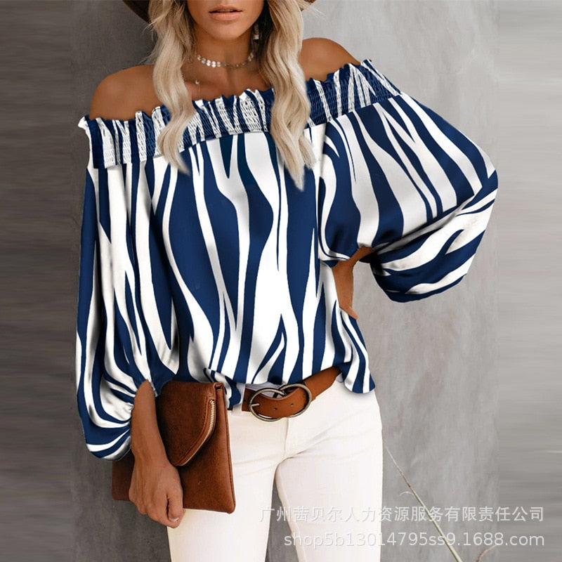 Off Shoulder Stripe Print Long Sleeve Top Slash Neck Blouse Fashion Loose Summer Casual Tops Sexy Strapless