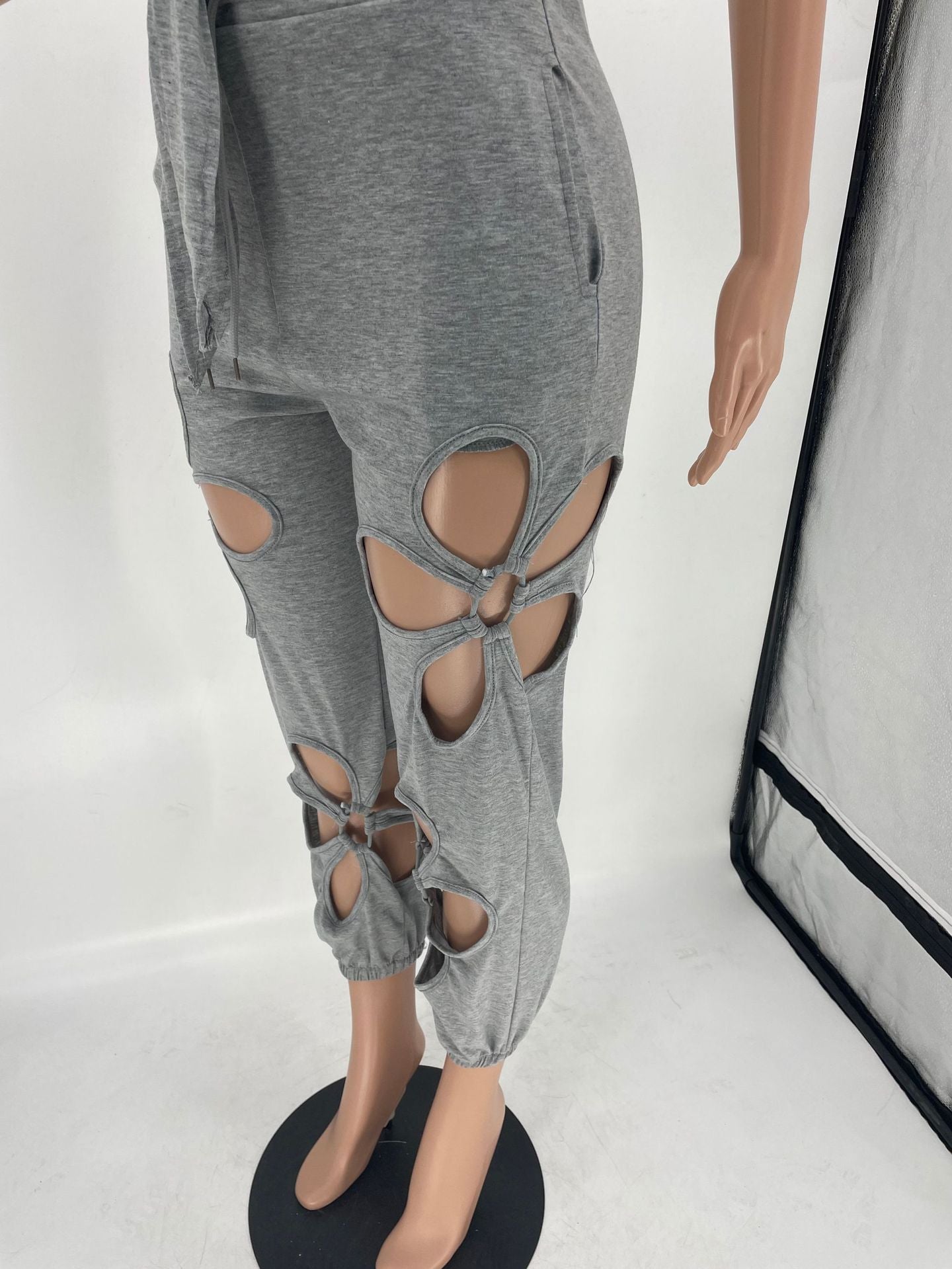 Woman 2pcs Suit Solid Color Short Sleeve Bandage Crop T-shirt+Floral Hollow out Pant
