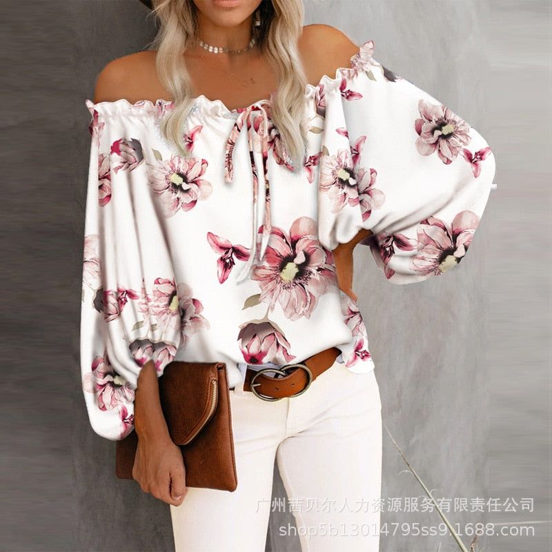 Off Shoulder Stripe Print Long Sleeve Top Slash Neck Blouse Fashion Loose Summer Casual Tops Sexy Strapless