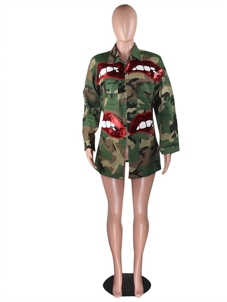 Camouflage Coat Trench Jacket Cool  Pockets Lip Print