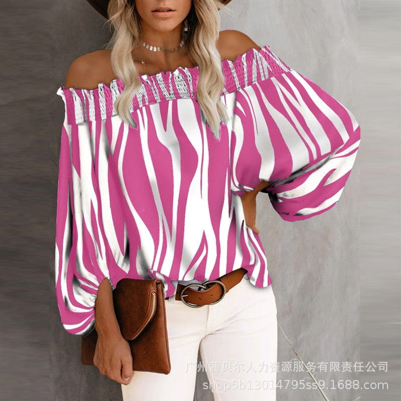 Off Shoulder Stripe Print Long Sleeve Top Slash Neck Blouse Fashion Loose Summer Casual Tops Sexy Strapless