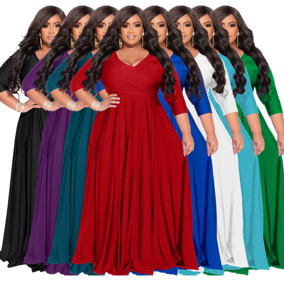 Plussize Maxi Dress Elegant V Neck Pleats Solid A Line