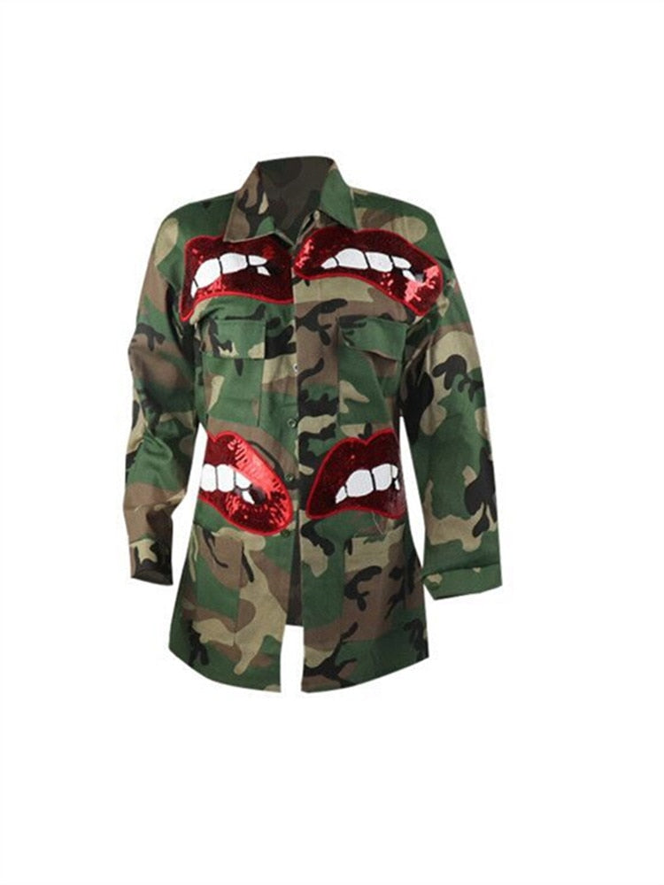 Camouflage Coat Trench Jacket Cool  Pockets Lip Print