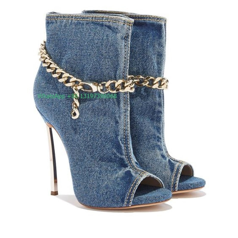 Denim peep toe metal chain embellished catwalk model ankle sandals & boots western cowboy boots plus size everyday sandals 43