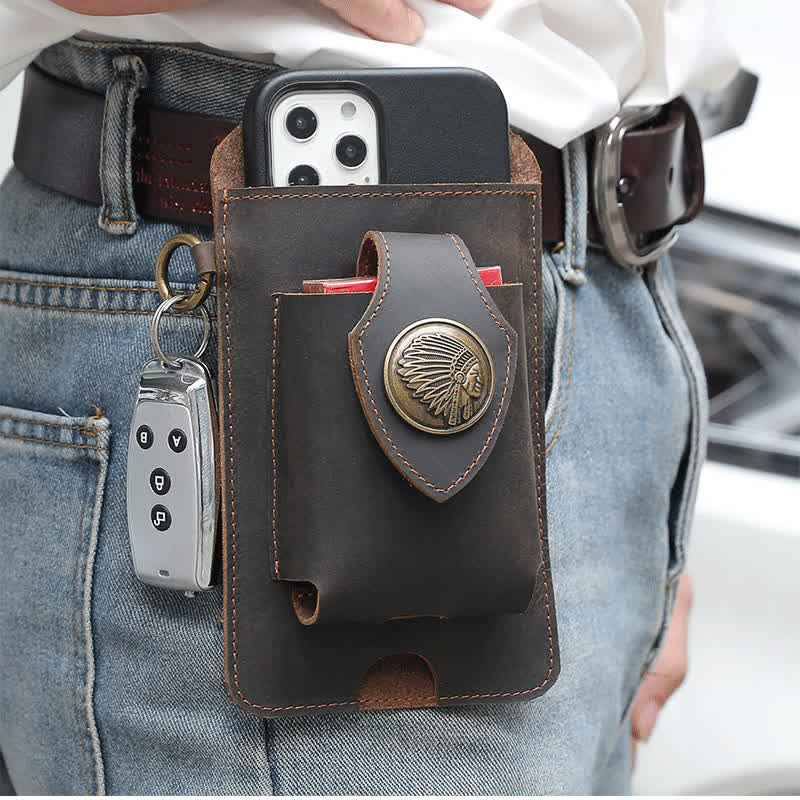 Phone Holster Magnetic Button Crazy Horse Leather Belt Bag