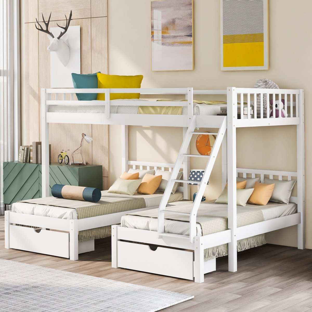 Full Over Twin & Twin Bunk Bed, Wood Triple Bunk Bed with Drawers and Guardrails, White