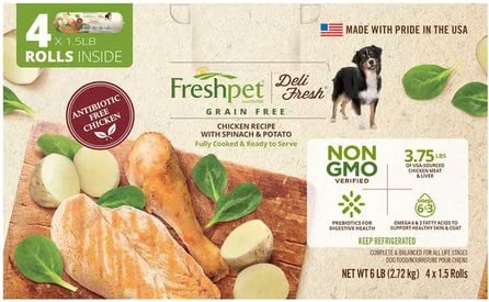 Freshpet Select Deli Fresh, Chicken Recipe with Spinach & Potato, Grain Free Rolls 4/1.5 lbs (Total 6 lbs)