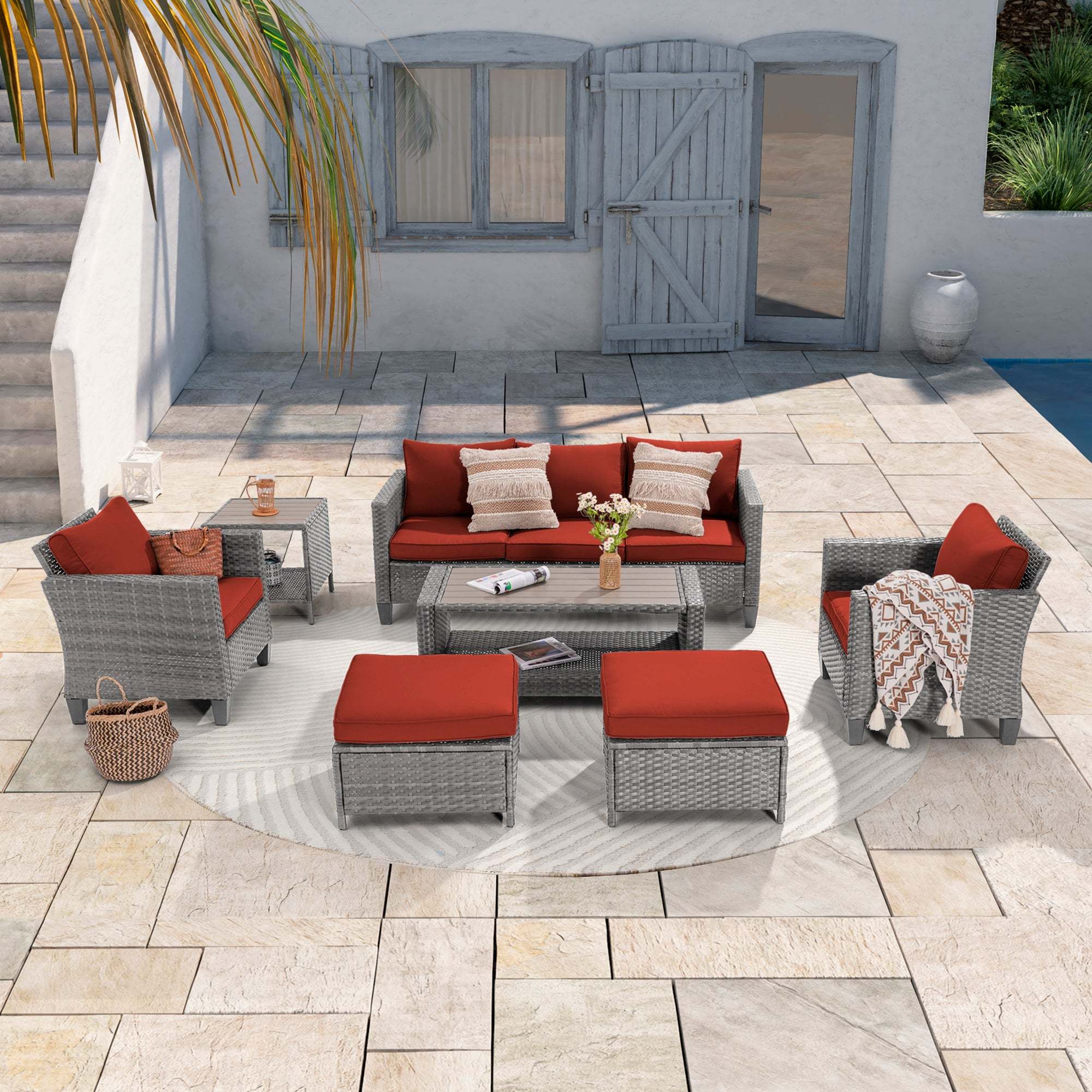 7-Piece Patio Sofa Set Gray Rattan Outdoor Furniture Set Three-Seat Sofa Ottomans Suiting Backyard, Poolside and Patio