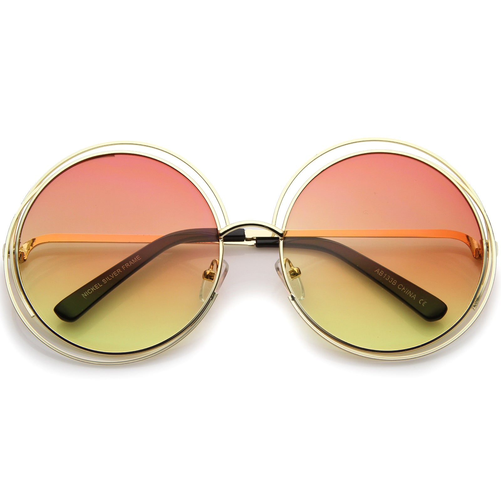 Oversize Wire Frame Gradient Two-Tone Color Lens Round Sunglasses 61mm