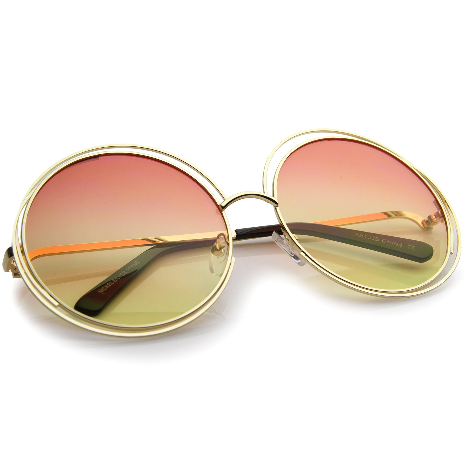 Oversize Wire Frame Gradient Two-Tone Color Lens Round Sunglasses 61mm