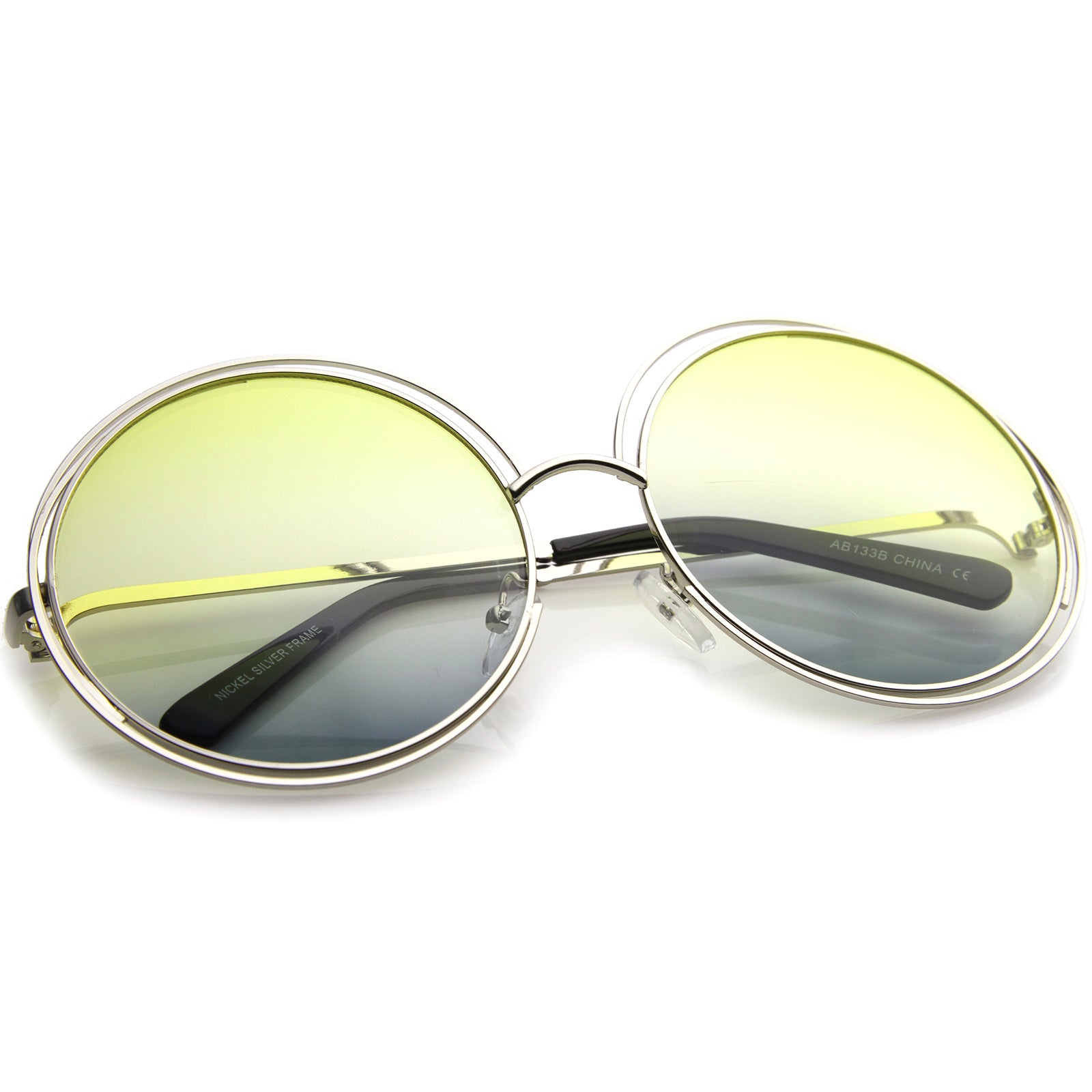 Oversize Wire Frame Gradient Two-Tone Color Lens Round Sunglasses 61mm