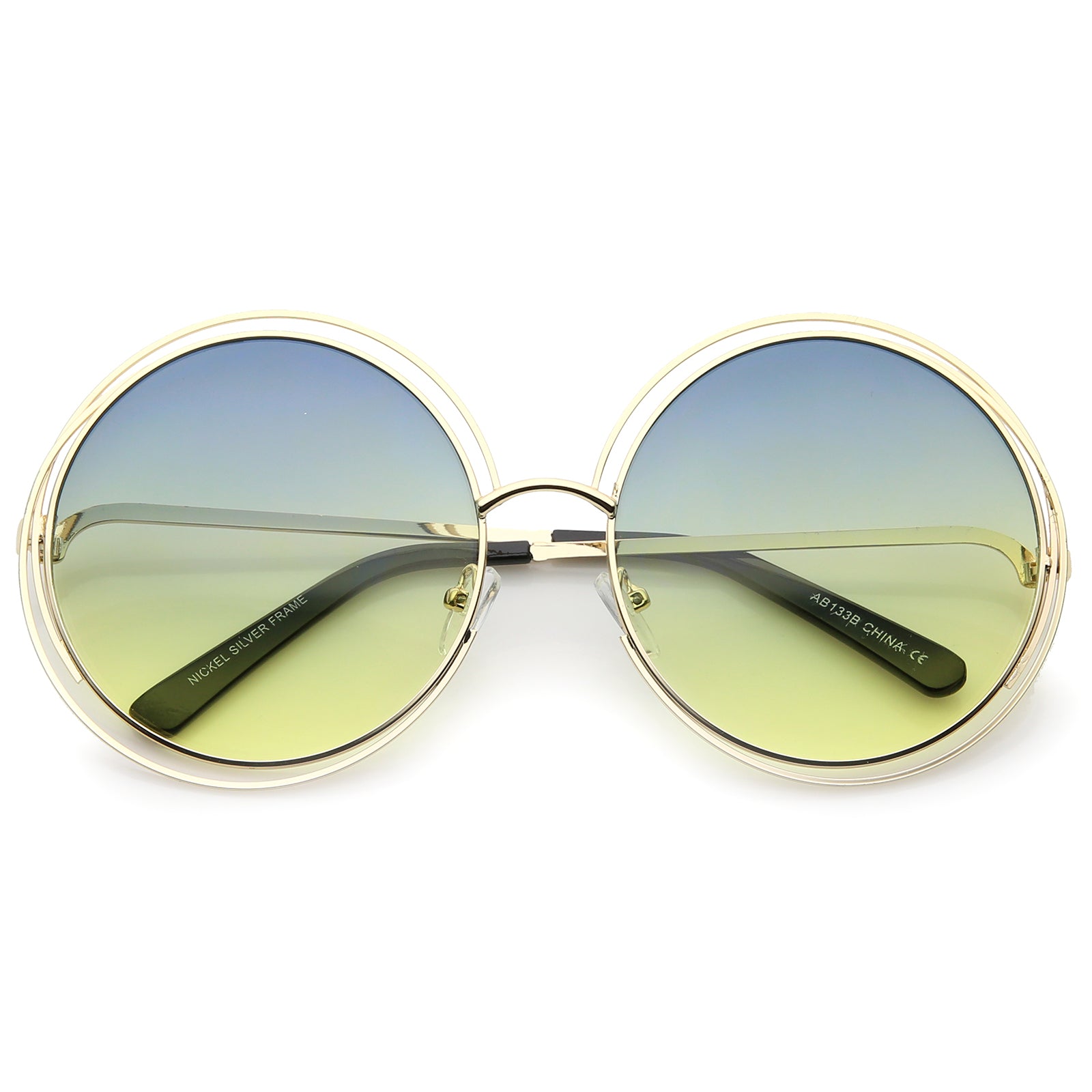 Oversize Wire Frame Gradient Two-Tone Color Lens Round Sunglasses 61mm