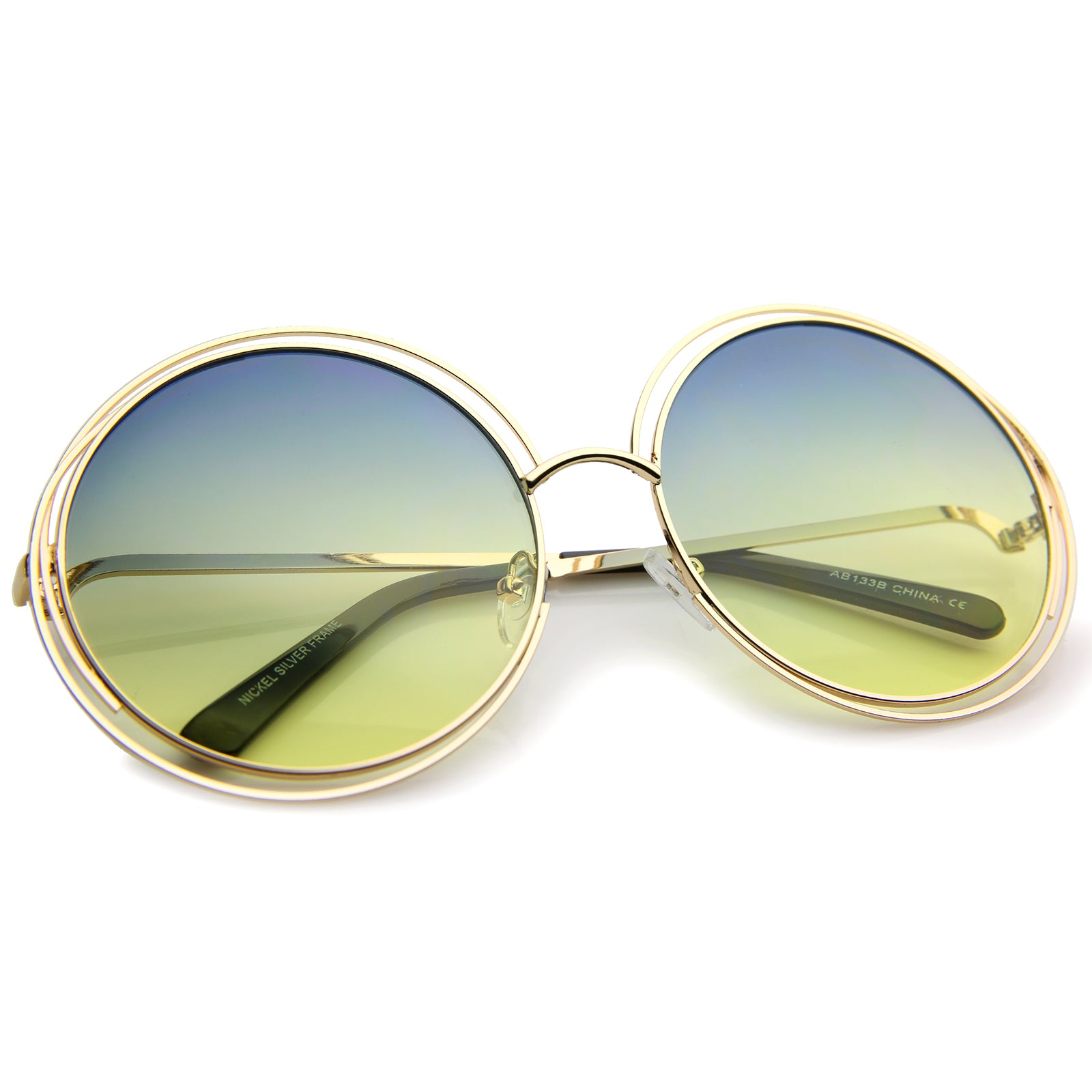 Oversize Wire Frame Gradient Two-Tone Color Lens Round Sunglasses 61mm