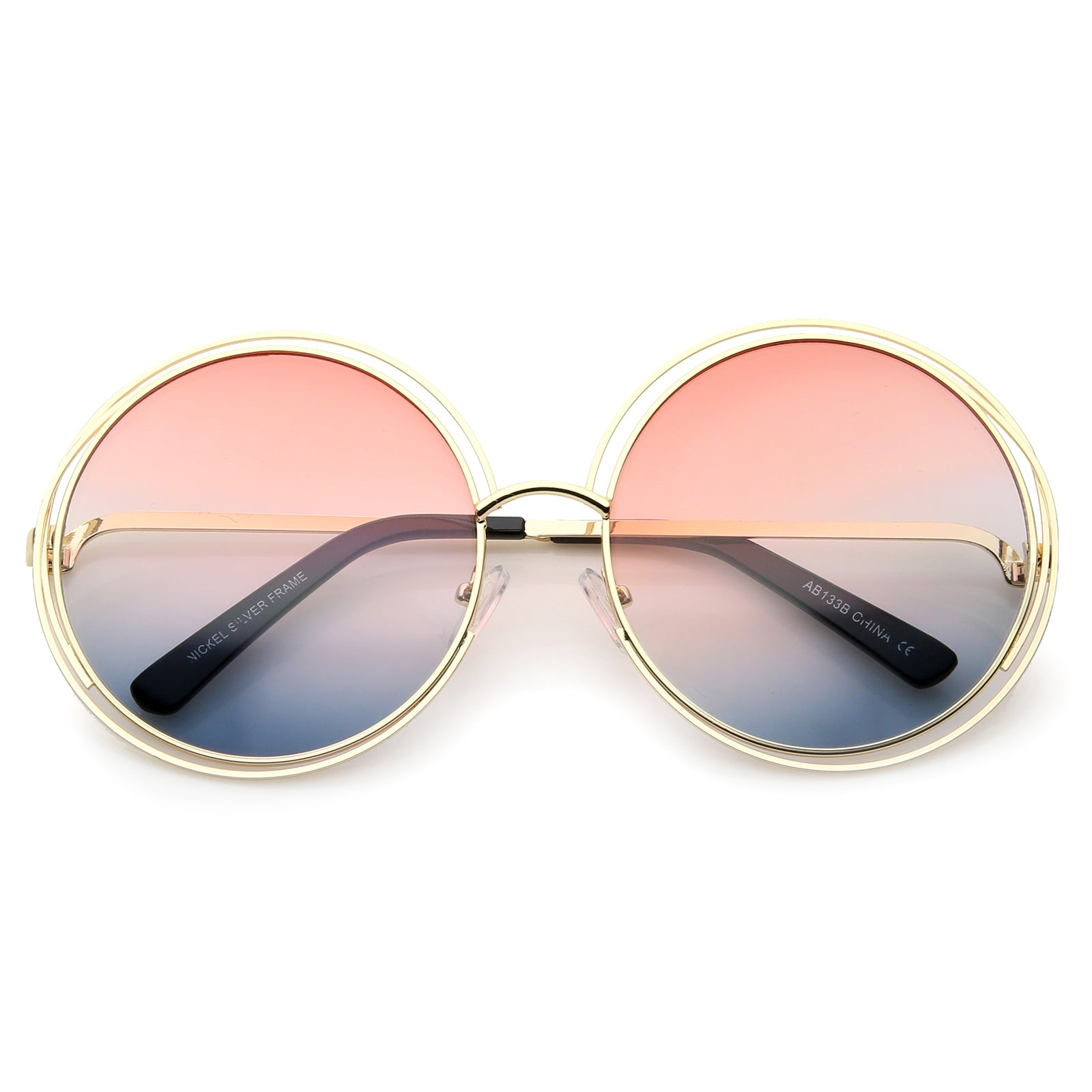 Oversize Wire Frame Gradient Two-Tone Color Lens Round Sunglasses 61mm