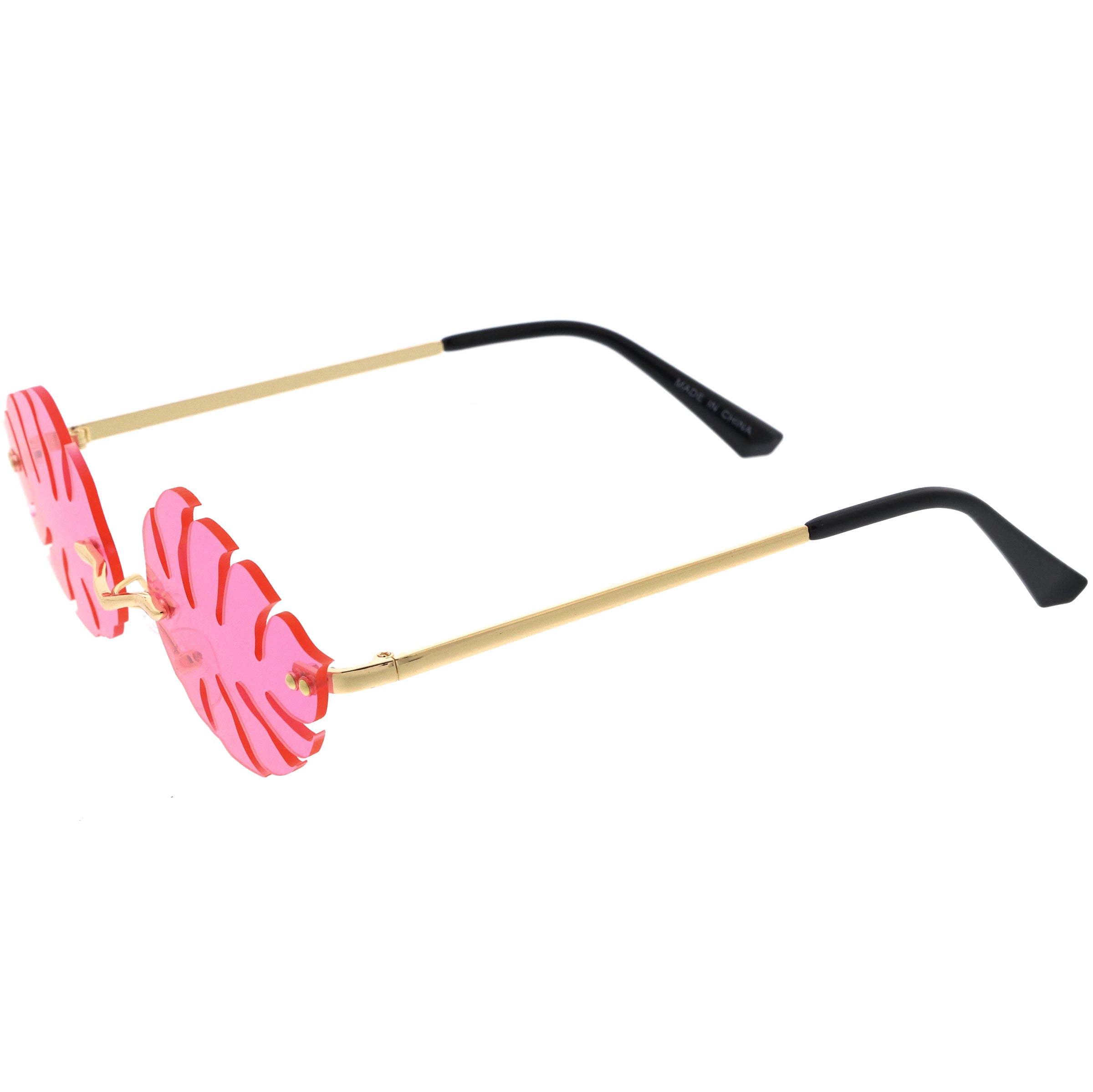 Tropical Palm Leaf Shape Cut-Out Rimless Color Tinted Leaves Sunglasses 60mm