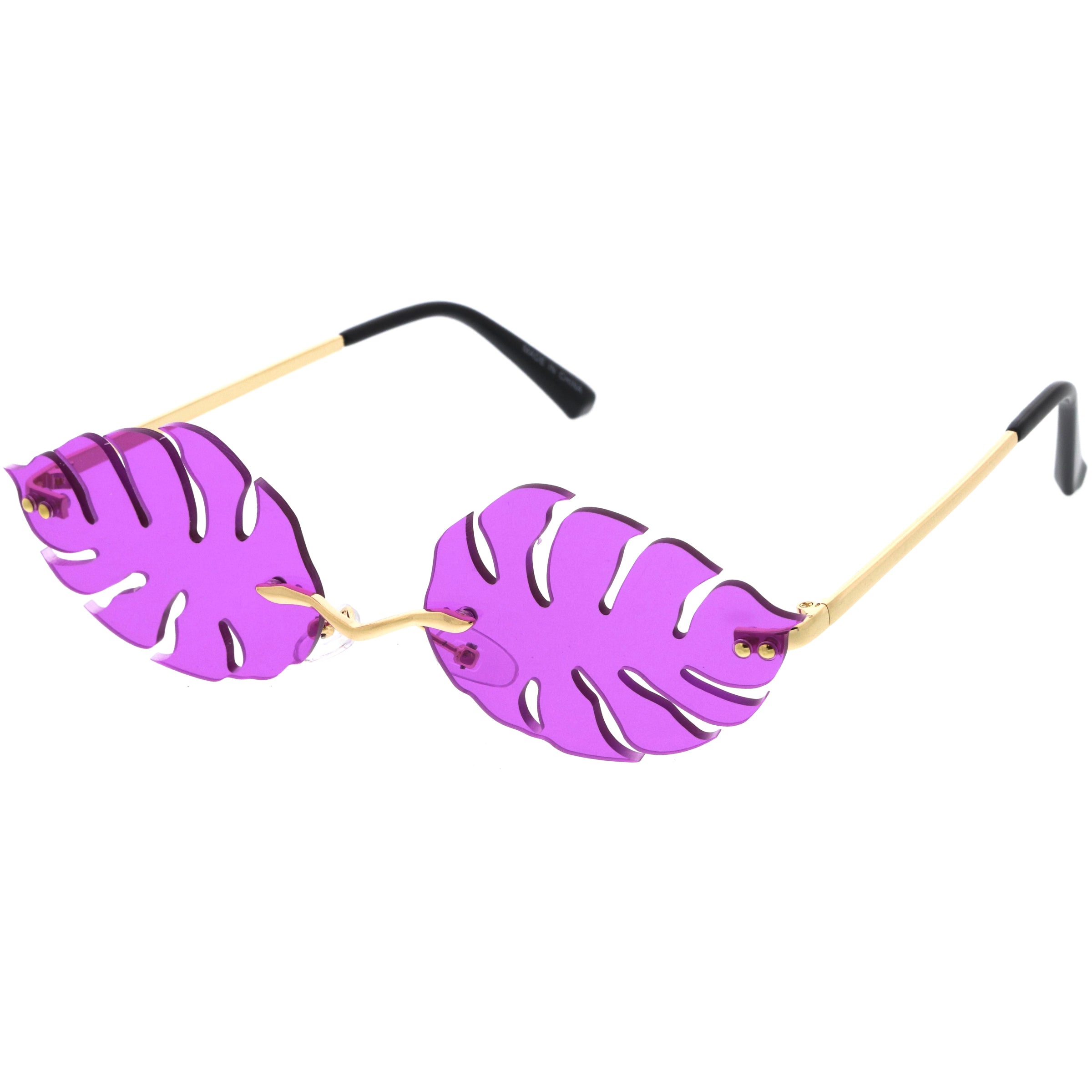 Tropical Palm Leaf Shape Cut-Out Rimless Color Tinted Leaves Sunglasses 60mm