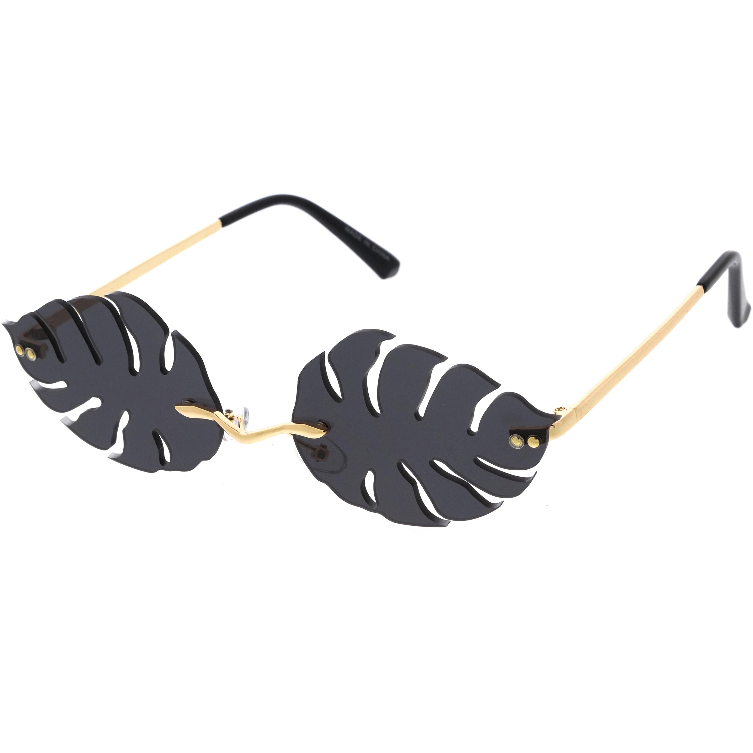 Tropical Palm Leaf Shape Cut-Out Rimless Color Tinted Leaves Sunglasses 60mm