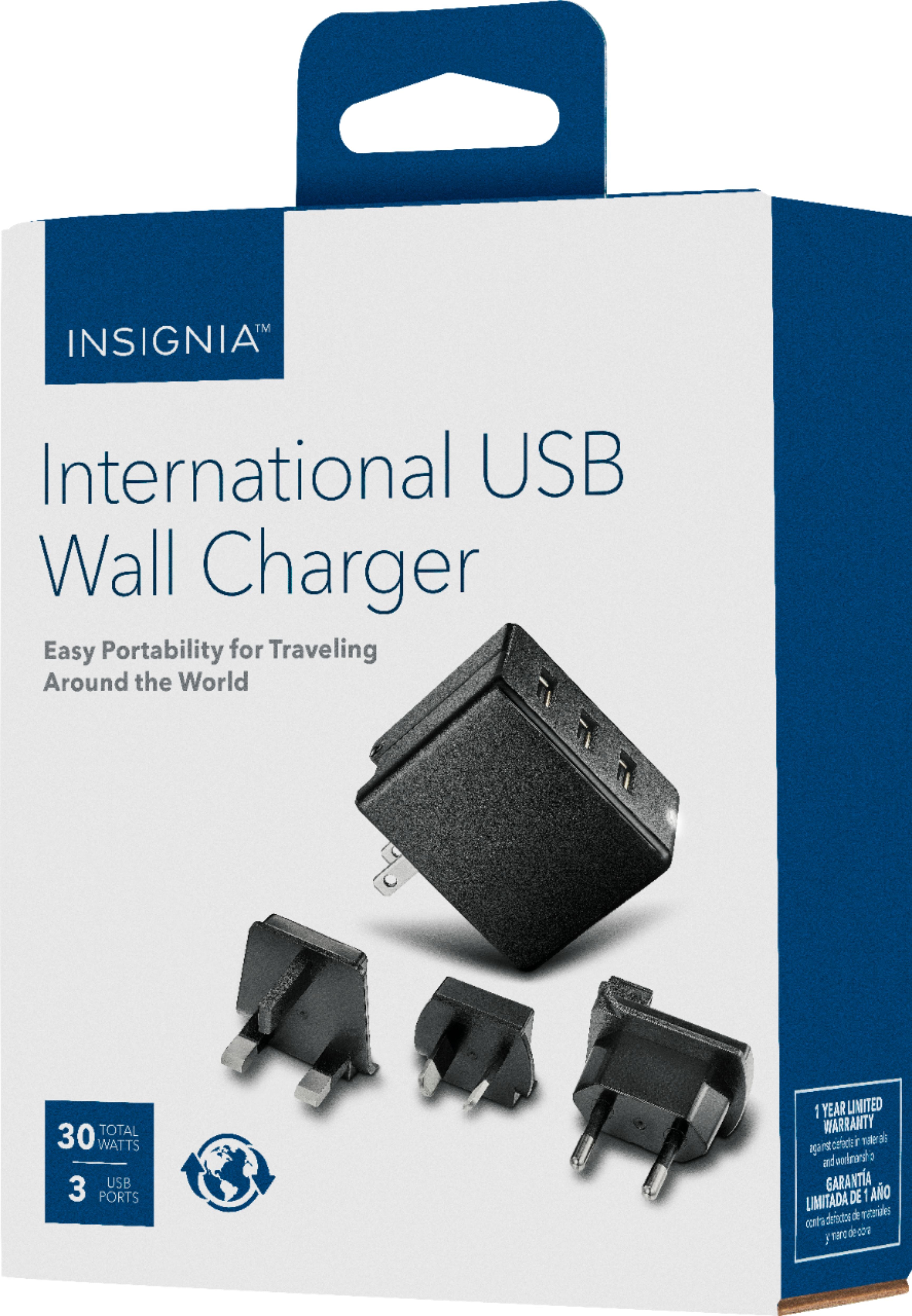 Insignia? - 30W Foldable 3 USB Port Wall Charger with EU/UK/AU rechangeable plugs - Black