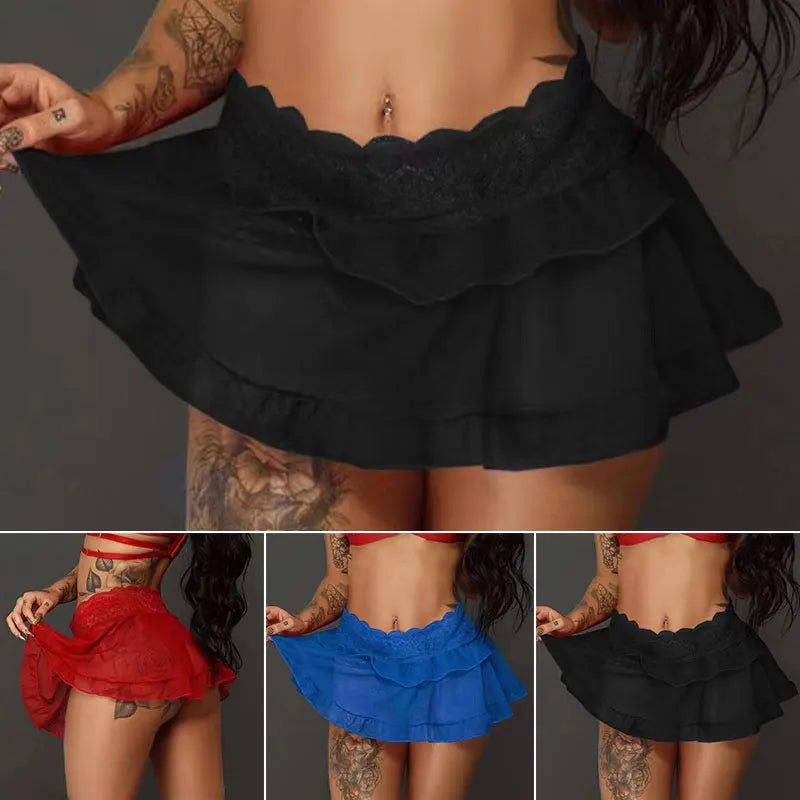 2PC Sexy Translucent Mini Skirt High Waist Lace Stitching Mesh Erotic Lingerie With T Back Thong Fashion Dancing Girl Party Club