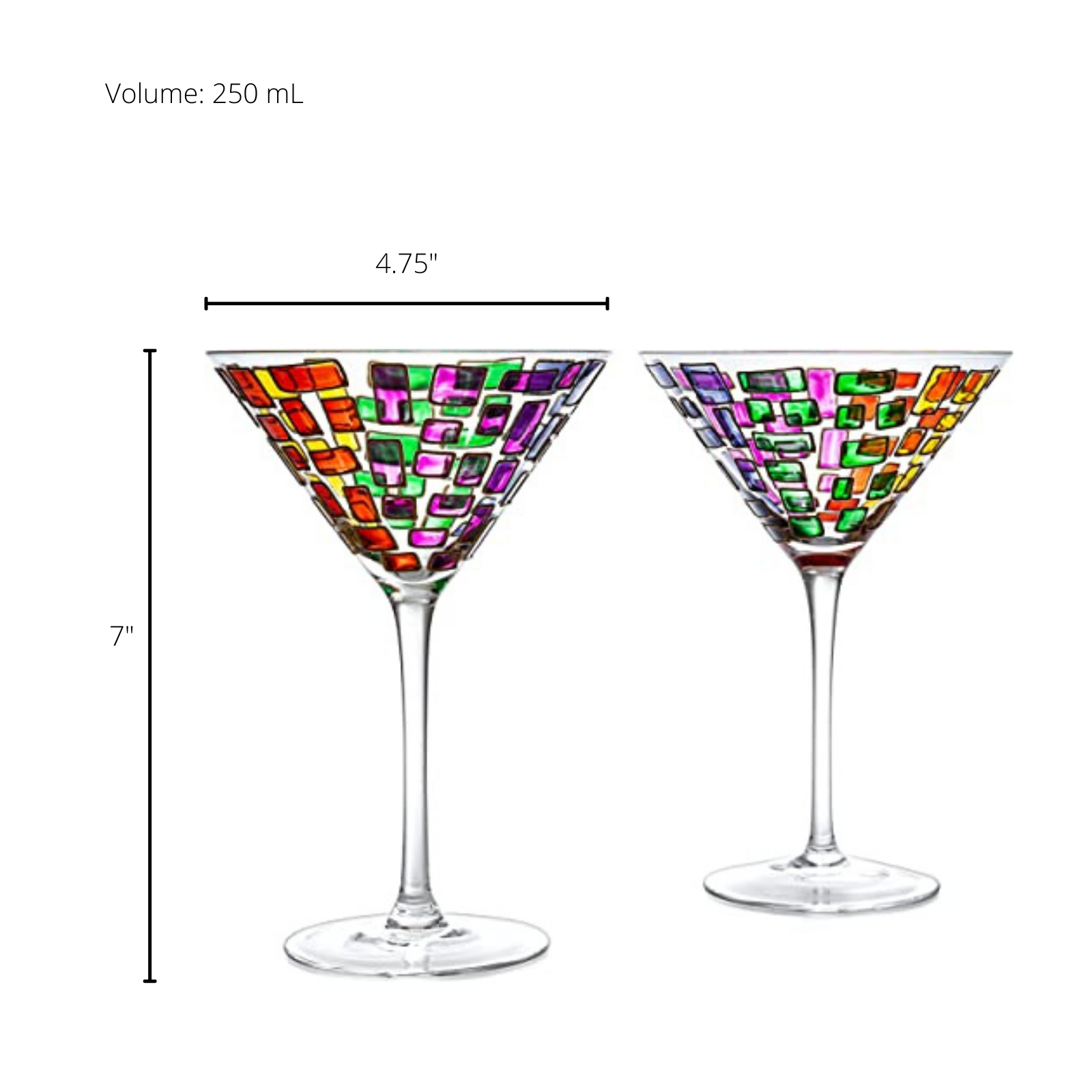 The Wine Savant - Italian Multicolor Renaissance Stained Glass Rainbow Martini Glasses - Set of 2 - 9.2oz
