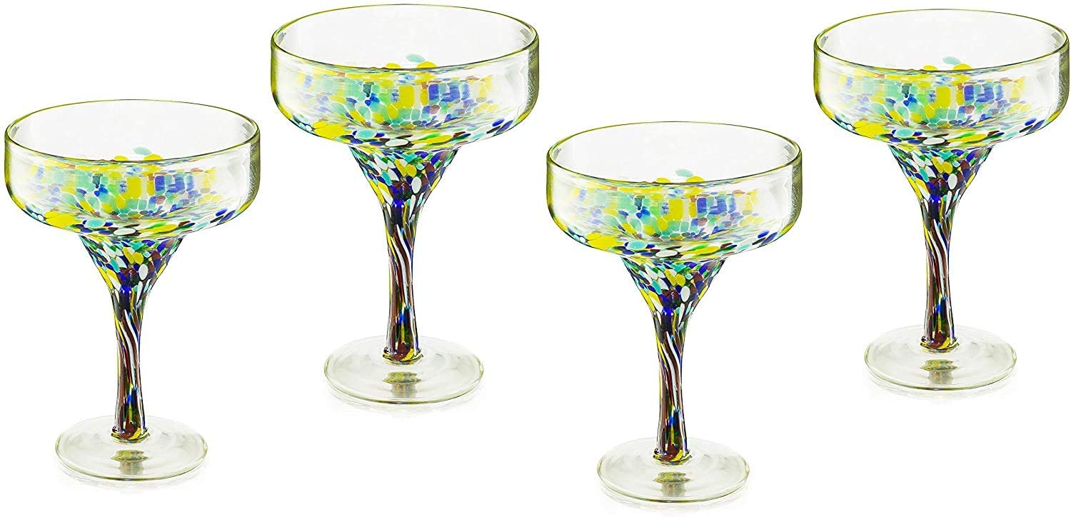 The Wine Savant - Mexican Design Hand Blown Margarita Glass - Set of 4 Luxury Hand Blown Confetti Margarita Glasses - 16 oz