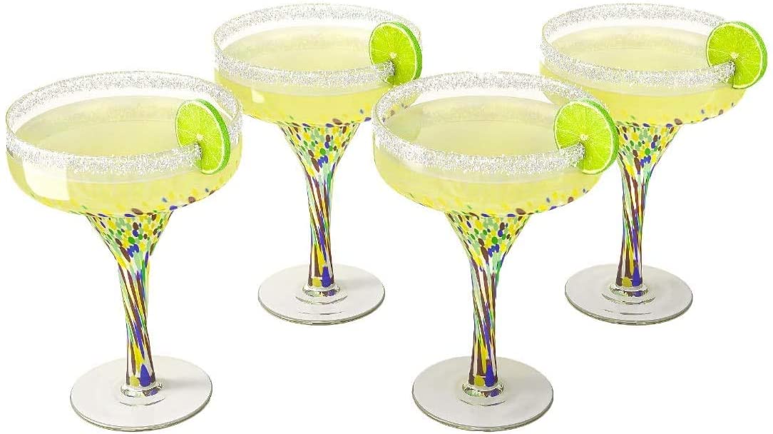 The Wine Savant - Mexican Design Hand Blown Margarita Glass - Set of 4 Luxury Hand Blown Confetti Margarita Glasses - 16 oz