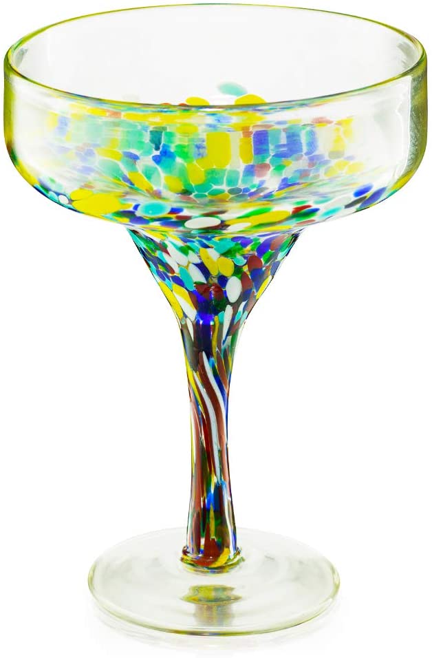 The Wine Savant - Mexican Design Hand Blown Margarita Glass - Set of 4 Luxury Hand Blown Confetti Margarita Glasses - 16 oz