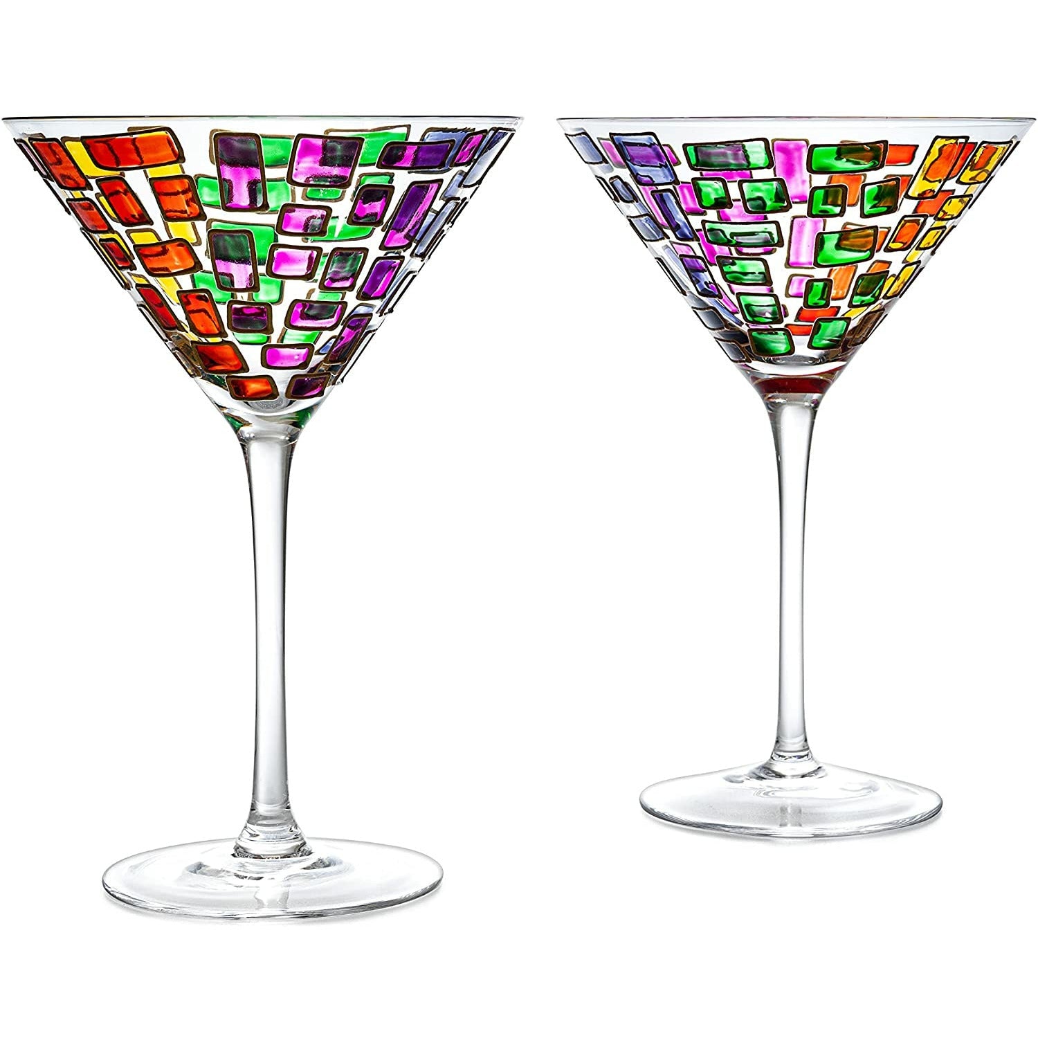 The Wine Savant - Italian Multicolor Renaissance Stained Glass Rainbow Martini Glasses - Set of 2 - 9.2oz