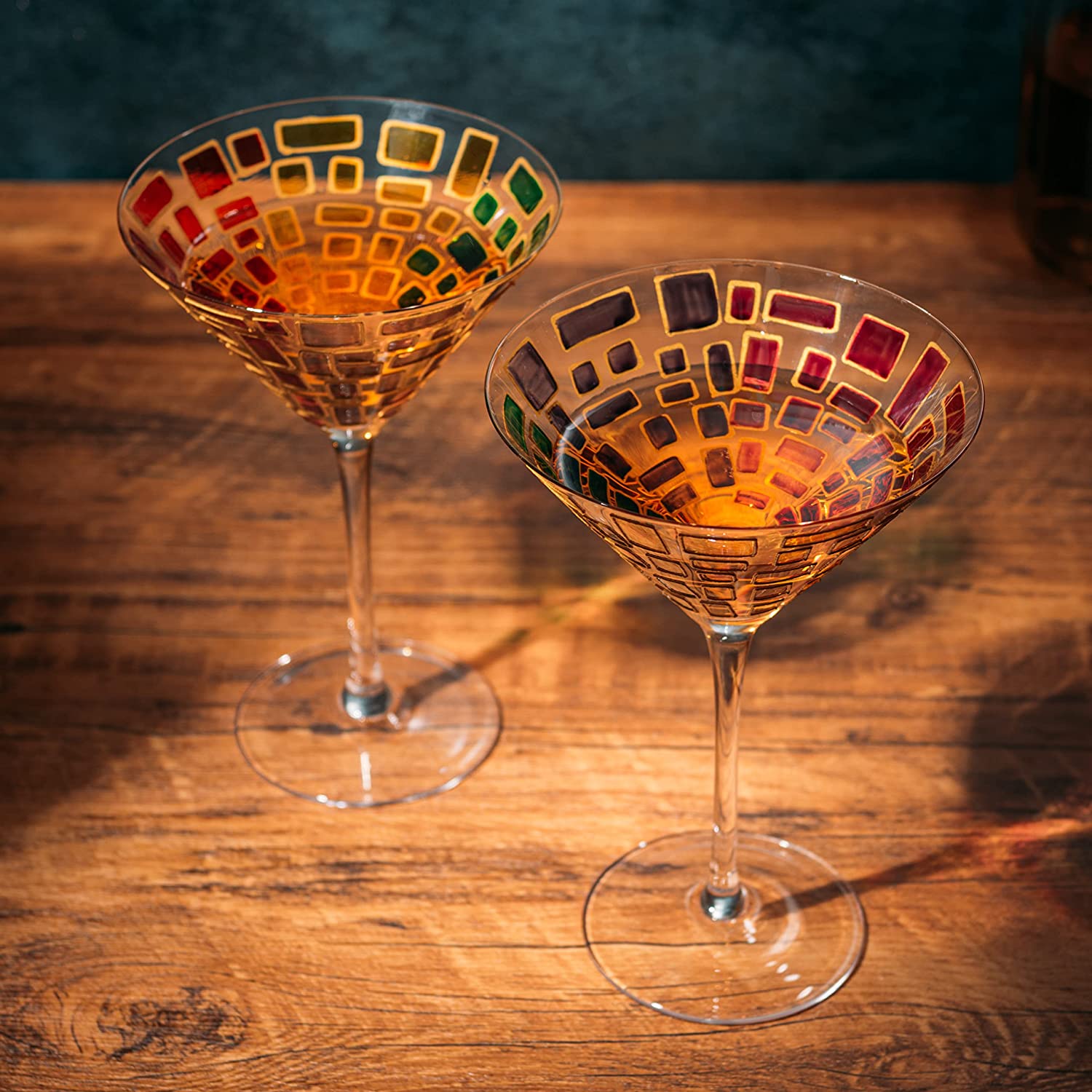 The Wine Savant - Italian Multicolor Renaissance Stained Glass Rainbow Martini Glasses - Set of 2 - 9.2oz
