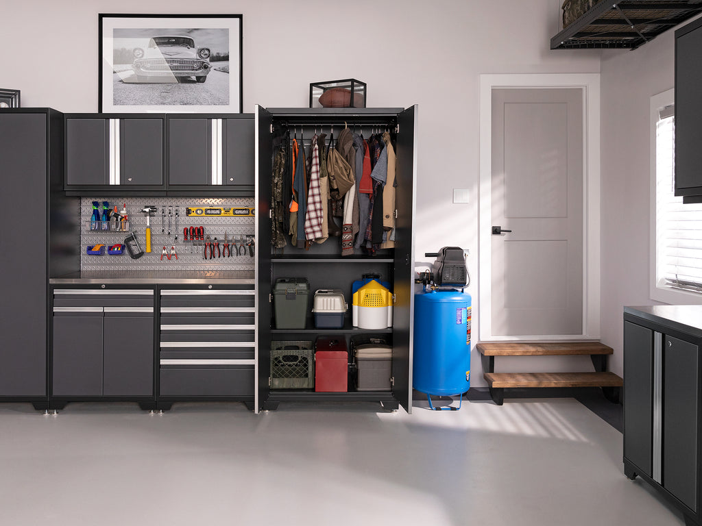 NewAge Pro Series 14 Piece Cabinet Set with Lockers, Base, Wall, Tool Drawer, Multi-Function Cabinets and 56 in. Worktop