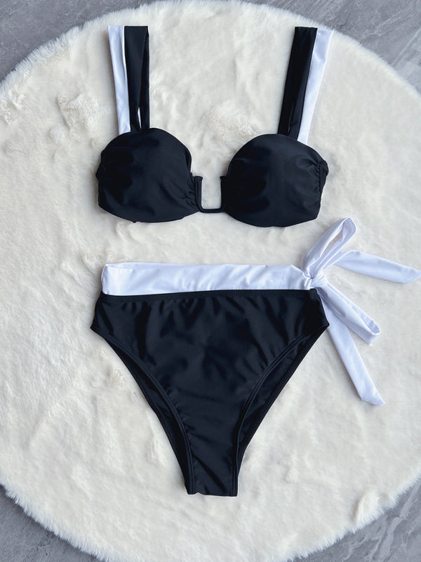 ????Contrast Binding 2-Piece Swimwear - Sweetheart Bra & High-Waisted Bikini???