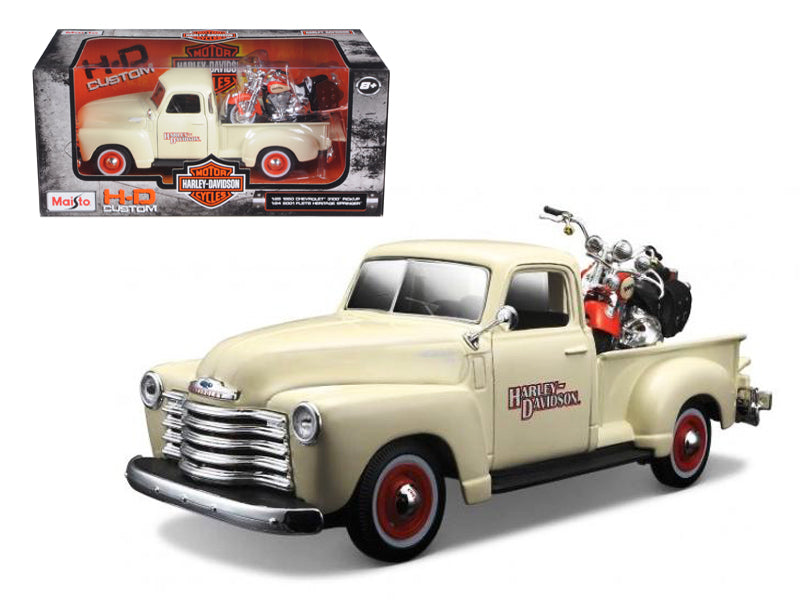 1950 Chevrolet 3100 Pickup Truck Cream 1/25 and 2001 FLSTS Heritage Springer Motorcycle Orange 1/24 