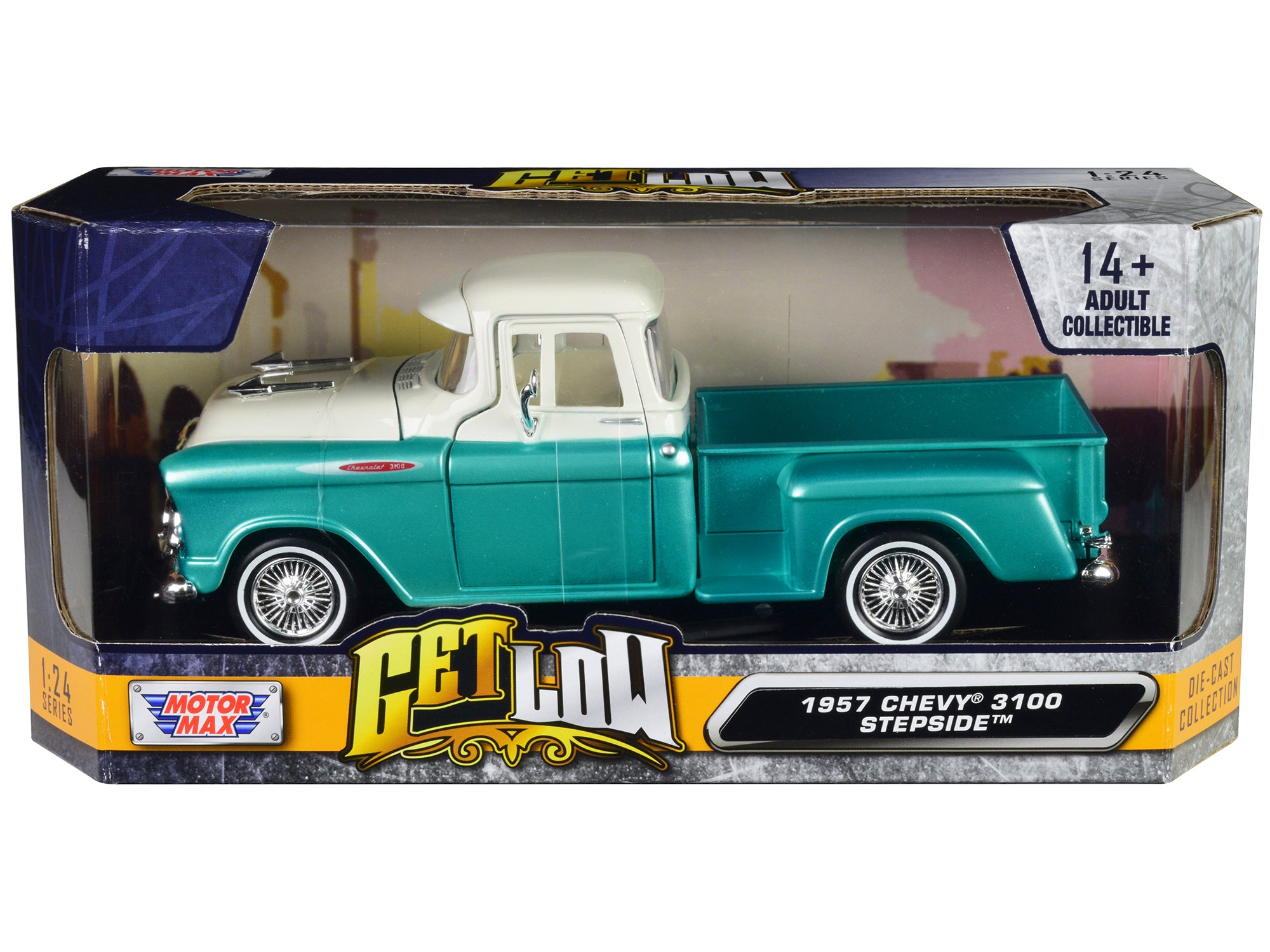 1957 Chevrolet 3100 Stepside Pickup Truck Lowrider Turquoise Metallic and White with White Interior 