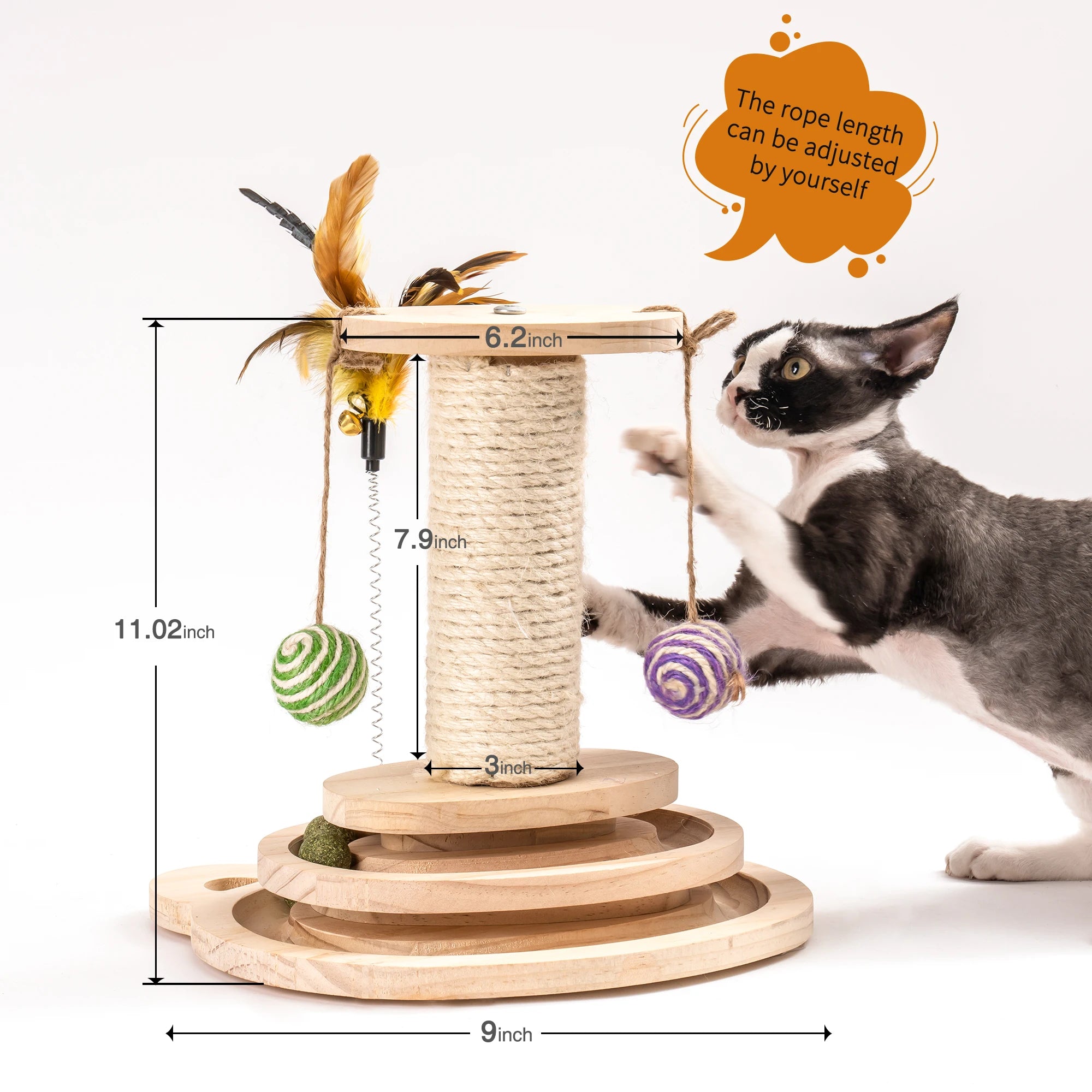 Me woo fun Cat Scratcher Pole, Two-Layer Tier Track Ball, and Two Sisal Balls Fun Interactive Cat Toy with Feather Bell WP037