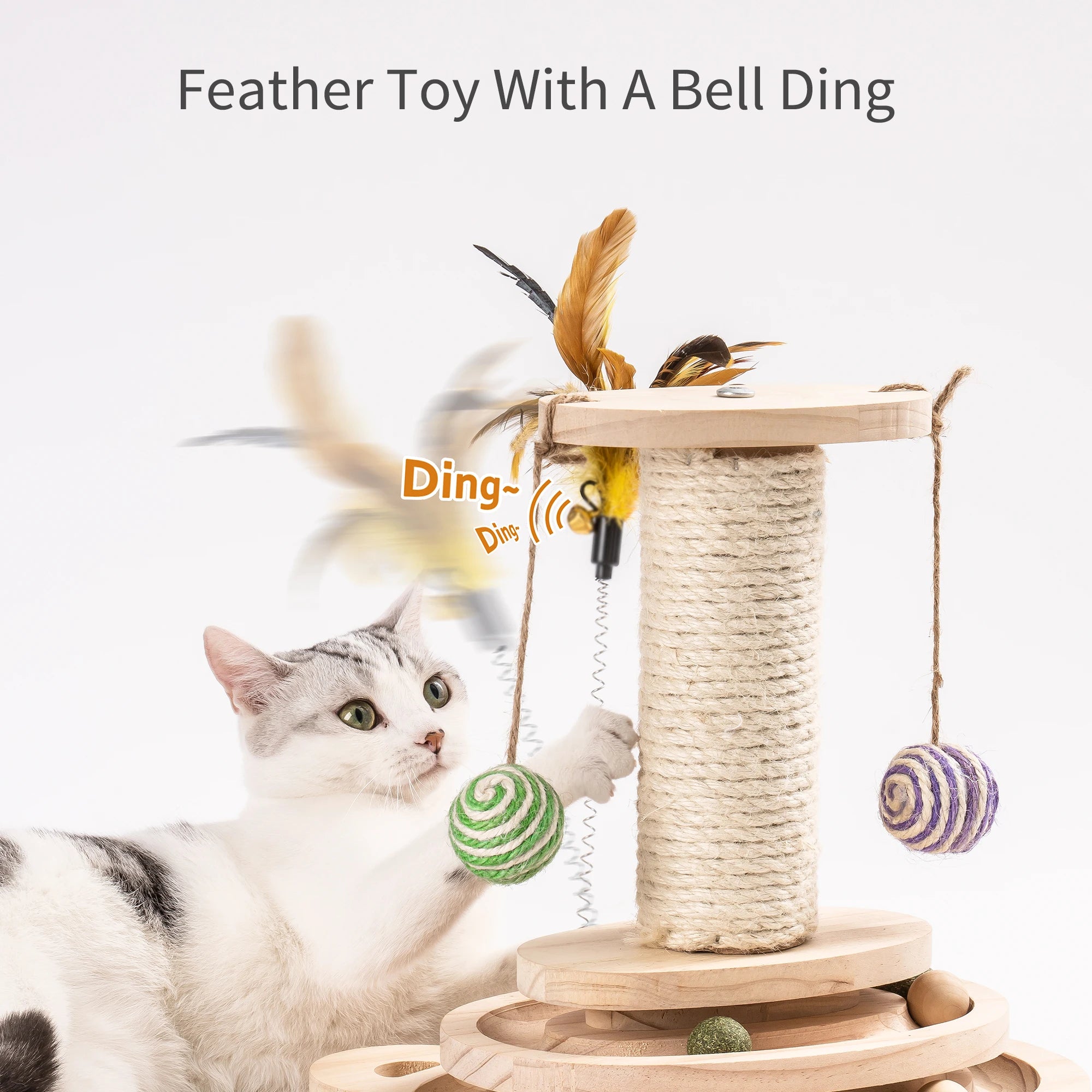 Me woo fun Cat Scratcher Pole, Two-Layer Tier Track Ball, and Two Sisal Balls Fun Interactive Cat Toy with Feather Bell WP037