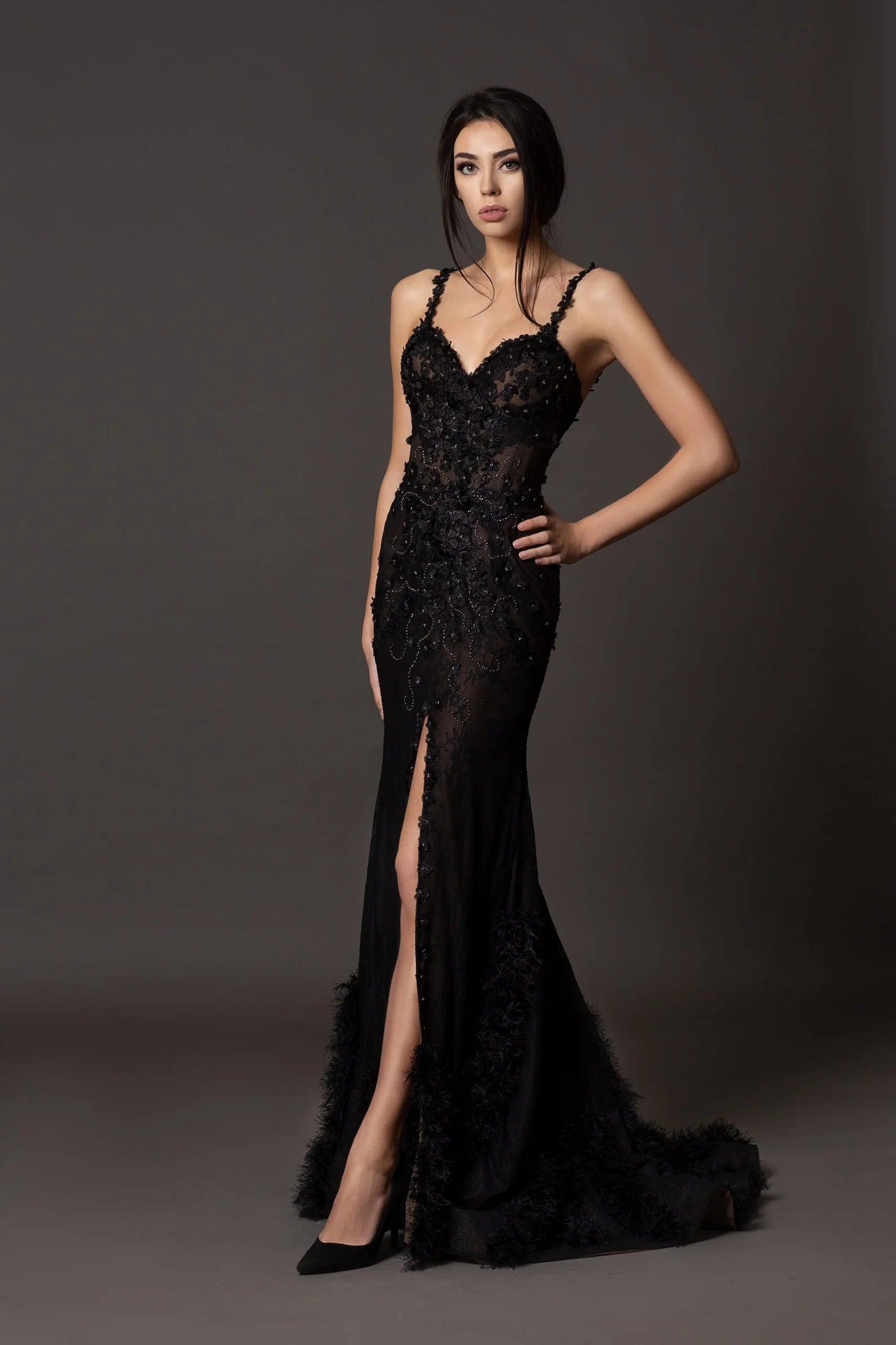 Unique Black Lace Gown with slit