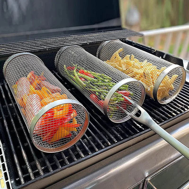 Portable Stainless Steel Wire Mesh Cylinder Rolling Grilling BBQ Basket Heat Resistant Non Stick for Camping