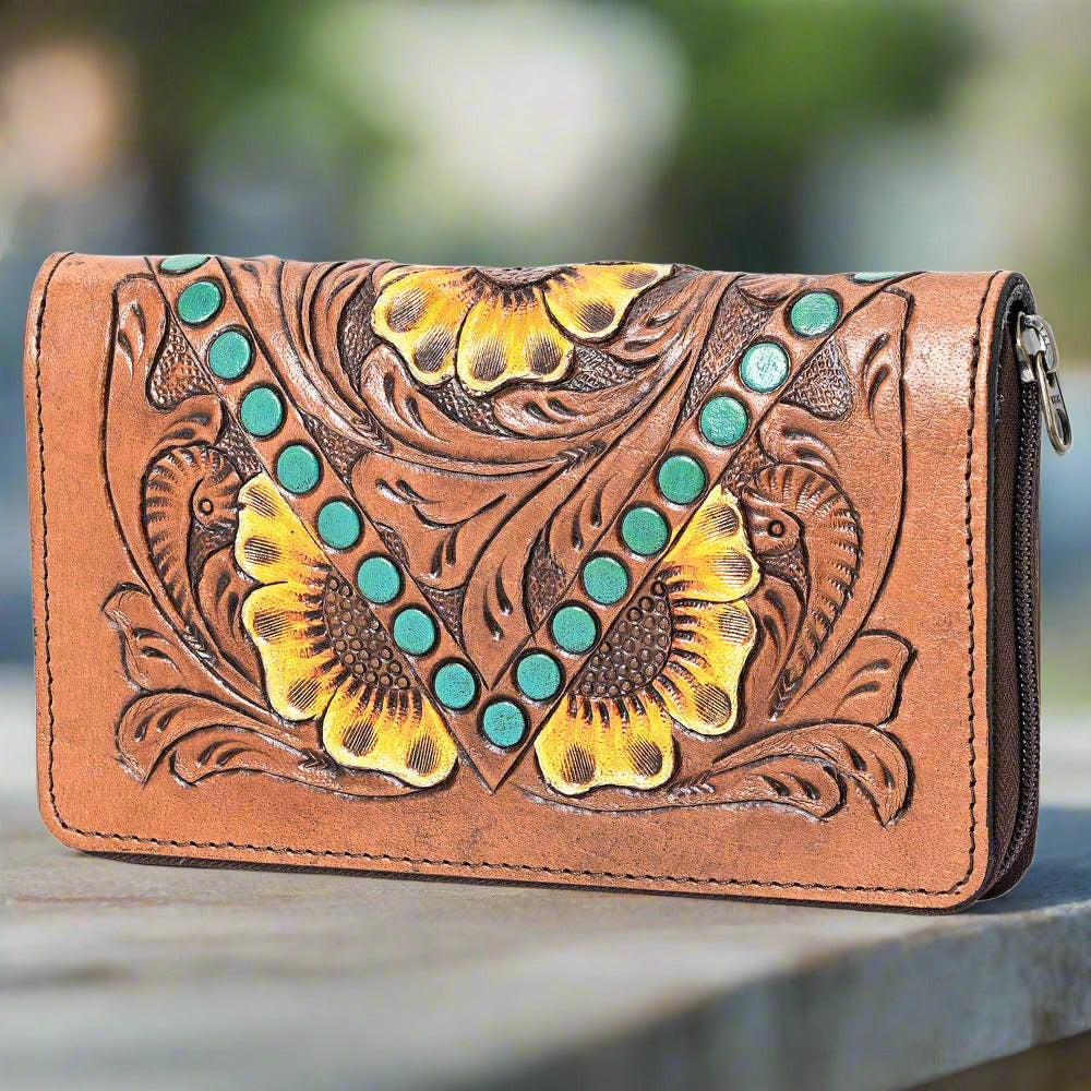 LS Western Ladies Harness Skirting Genuine Leather Carving Wallet - Sophisticated and Durable