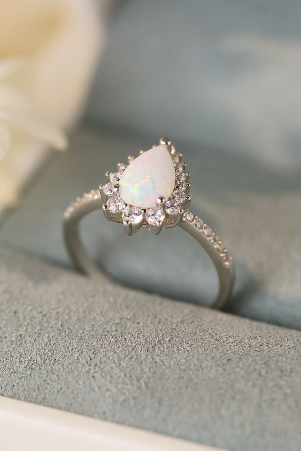 925 Sterling Silver Opal Pear Shape Ring with Zircon Accents - Platinum-Plated Luxury Jewelry from Australia