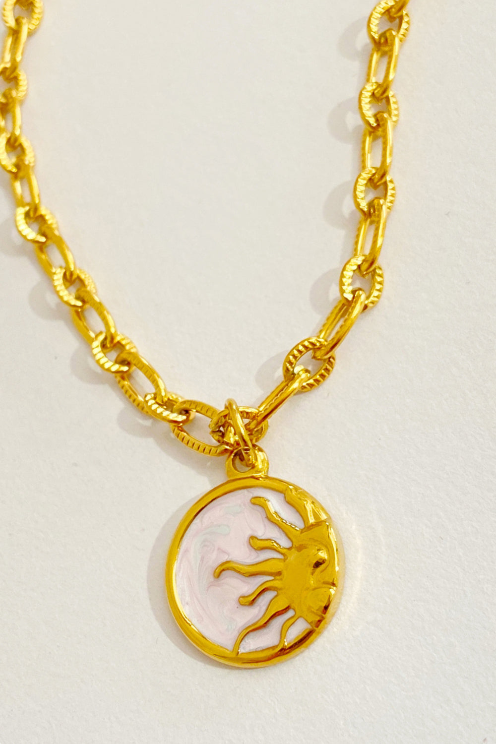 Classic Round Sun Moon Pendant Necklace - Stainless Steel + 18K Gold-Plated