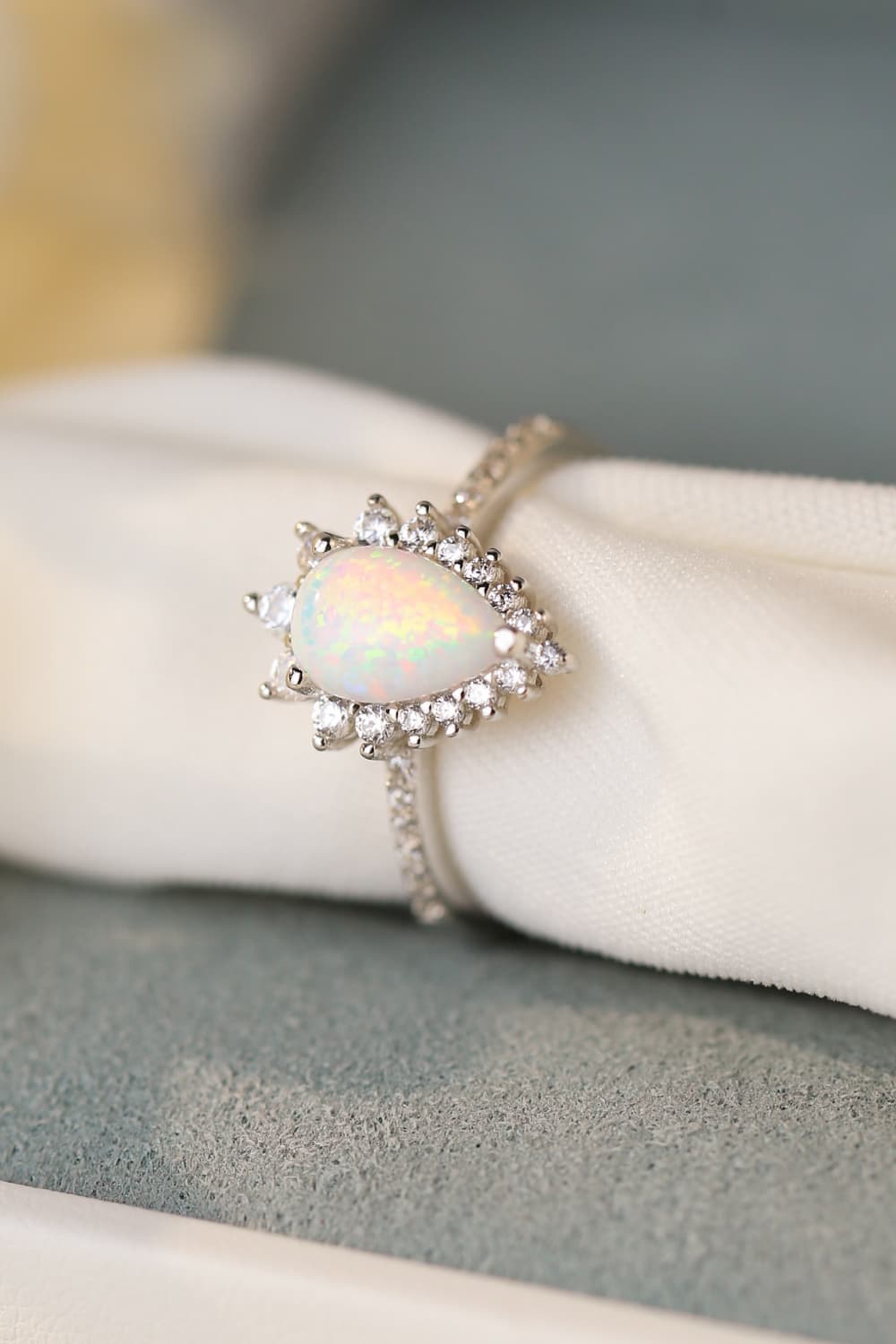 925 Sterling Silver Opal Pear Shape Ring with Zircon Accents - Platinum-Plated Luxury Jewelry from Australia