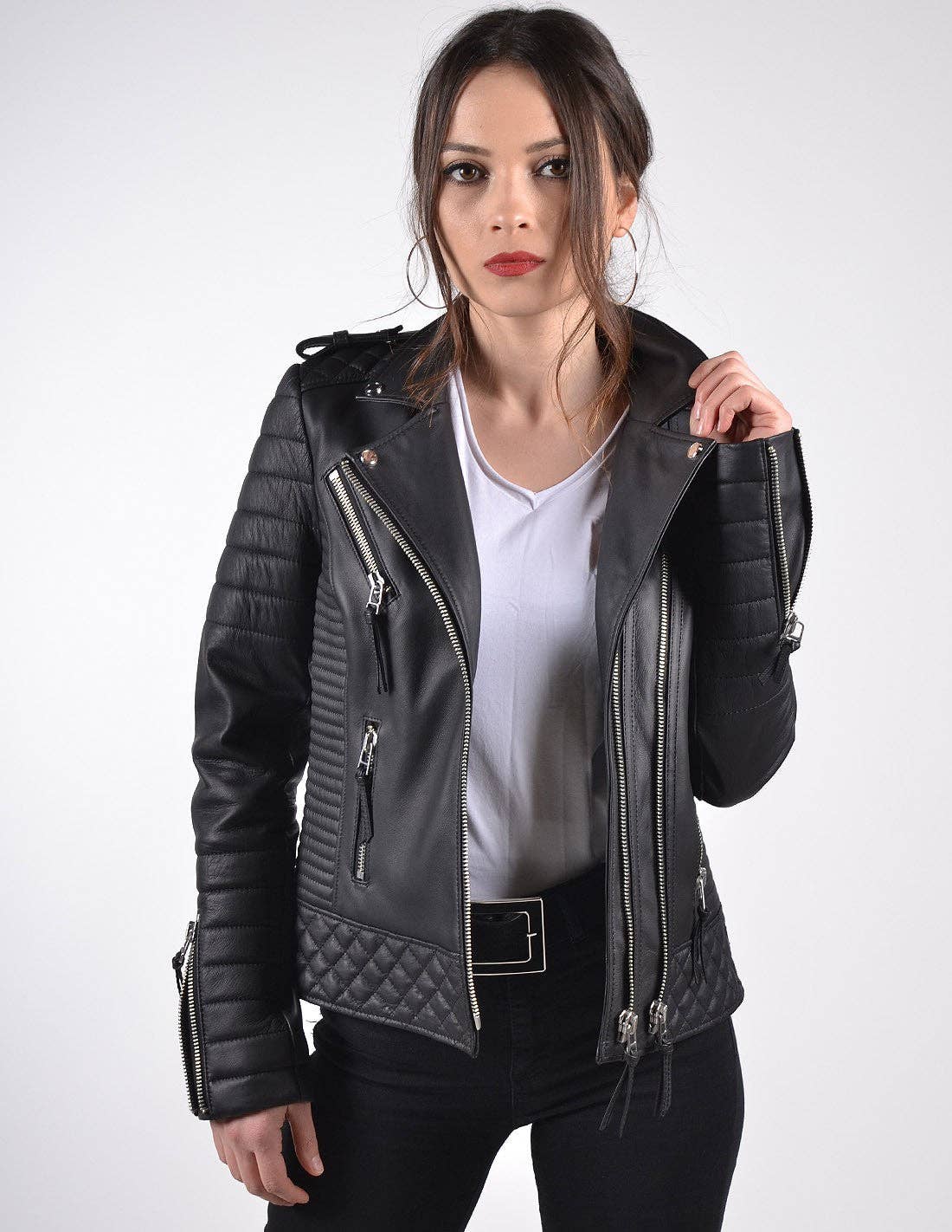 Leather Republic Ladies Black Lambskin Leather Jacket with Quilted Detail