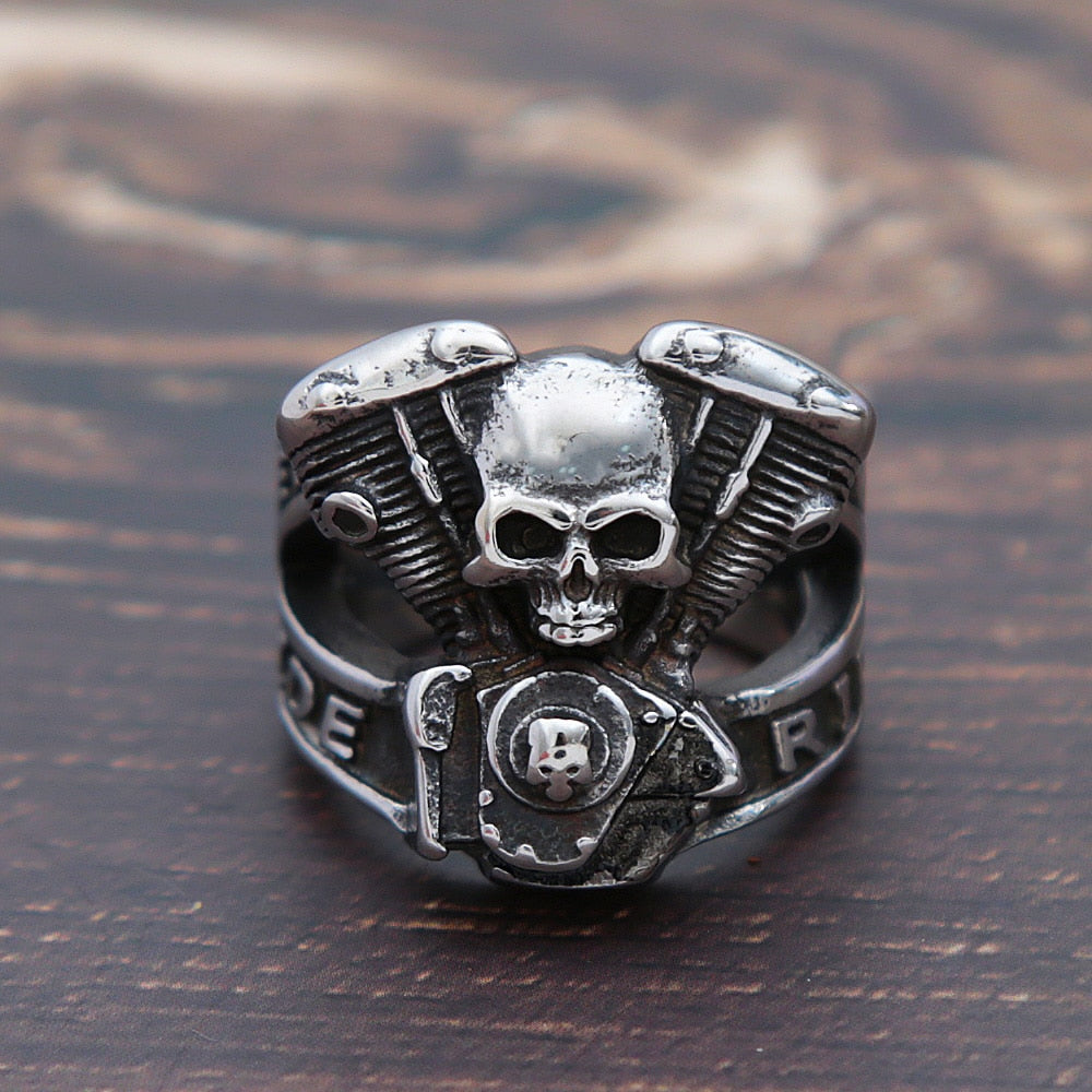 Vintage Stainless Steel Motorcycle Engine Skull Ring - Bold and Unique Biker Punk Steampunk Jewelry